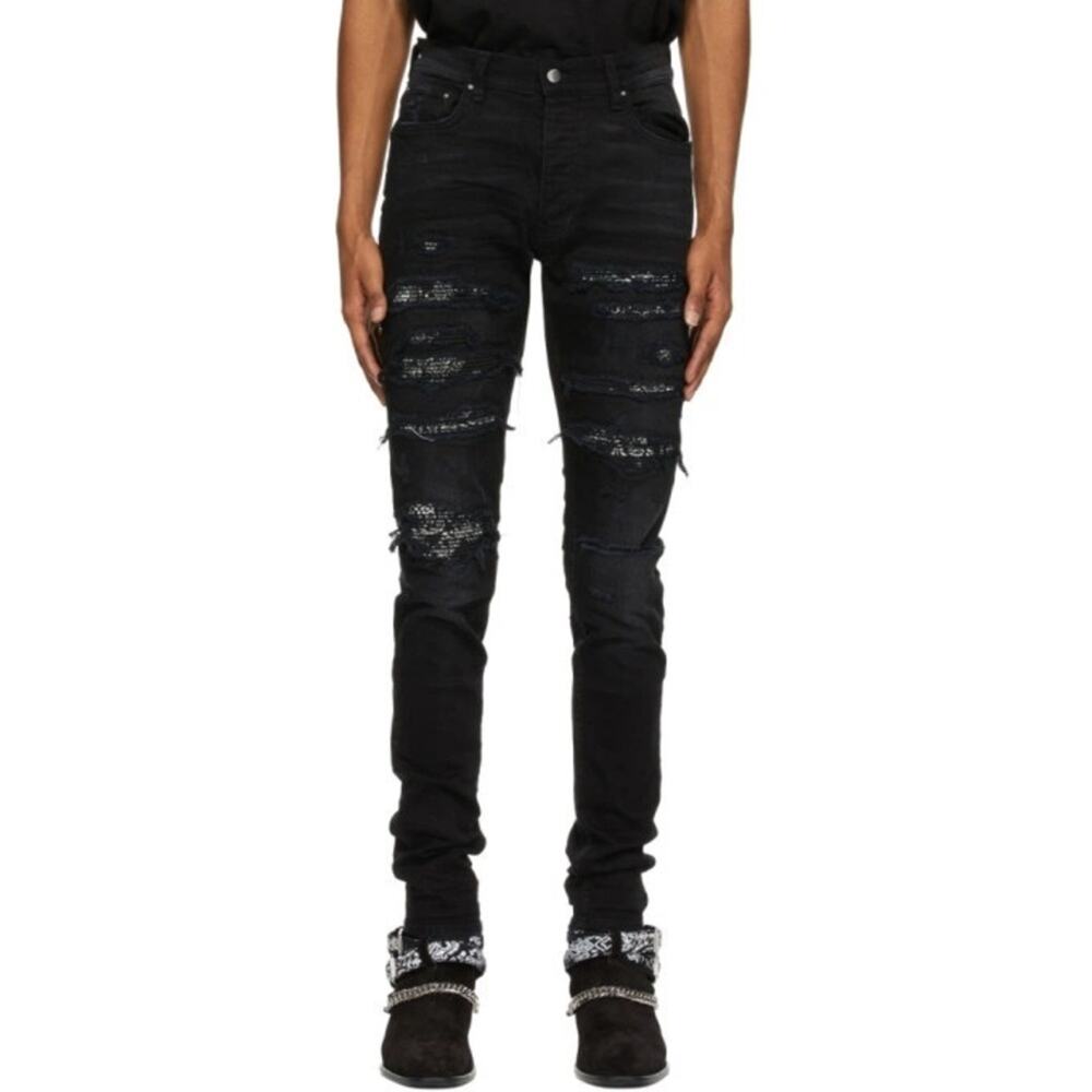 Women’s Amiri MX1 Bandana Patch Distressed Black Skinny Jeans in size 28